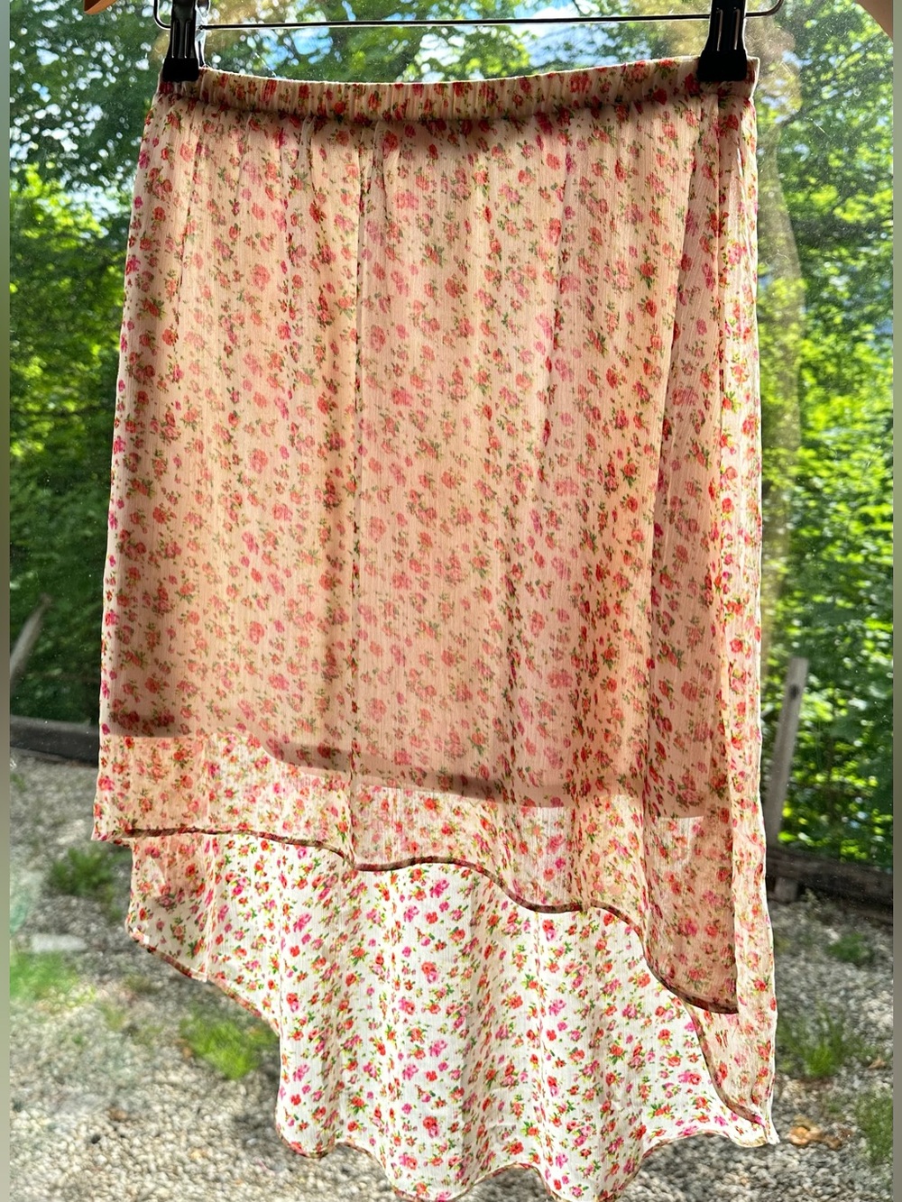Cottagecore Floral High Low Chiffon Skirt Garden Fairy Boho Pink Floral XS